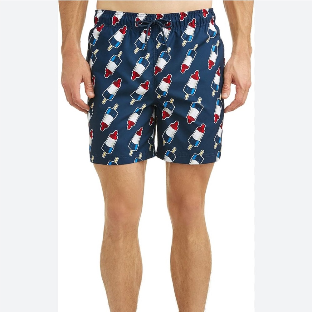 George Men's Swim Shorts - Blue with Red and White Popsicle Print